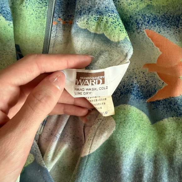 Vintage 70s Bird Print Cloudscape Maxi Dress Boho Flutter Sleeve Empire Waist - Picture 3 of 17